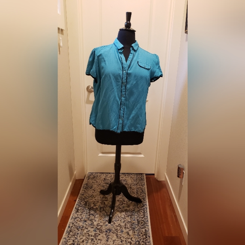 Appraisal Plus Womens Retro Styled Button-Front Short Sleeve Blouse in Teal